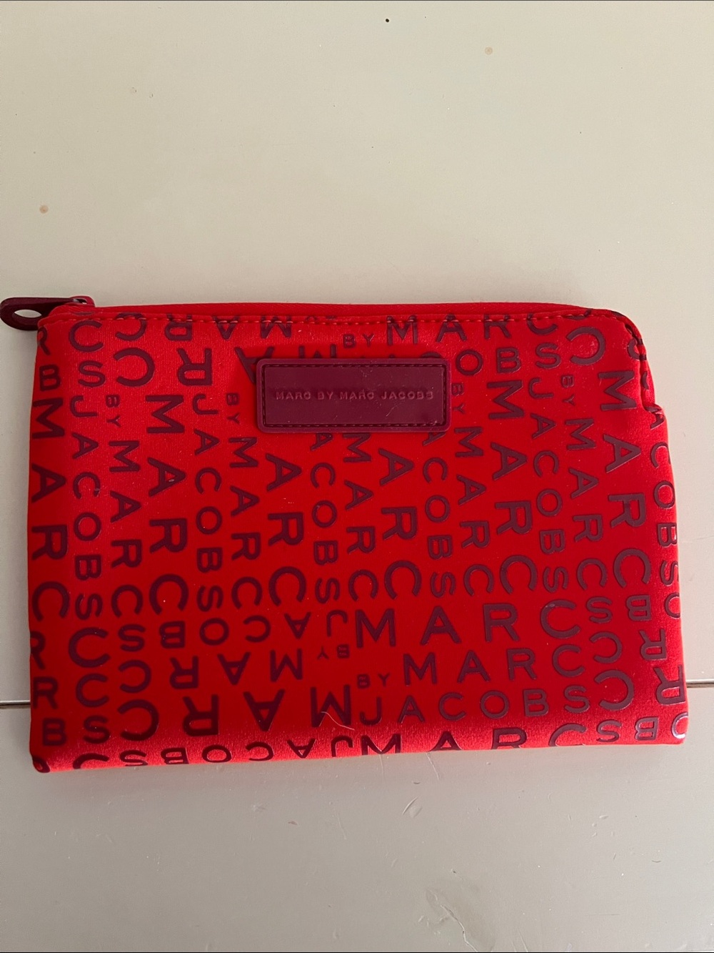 Marc By Marc Jacobs Red Logo Zip Pouch with Burgundy Print Letters